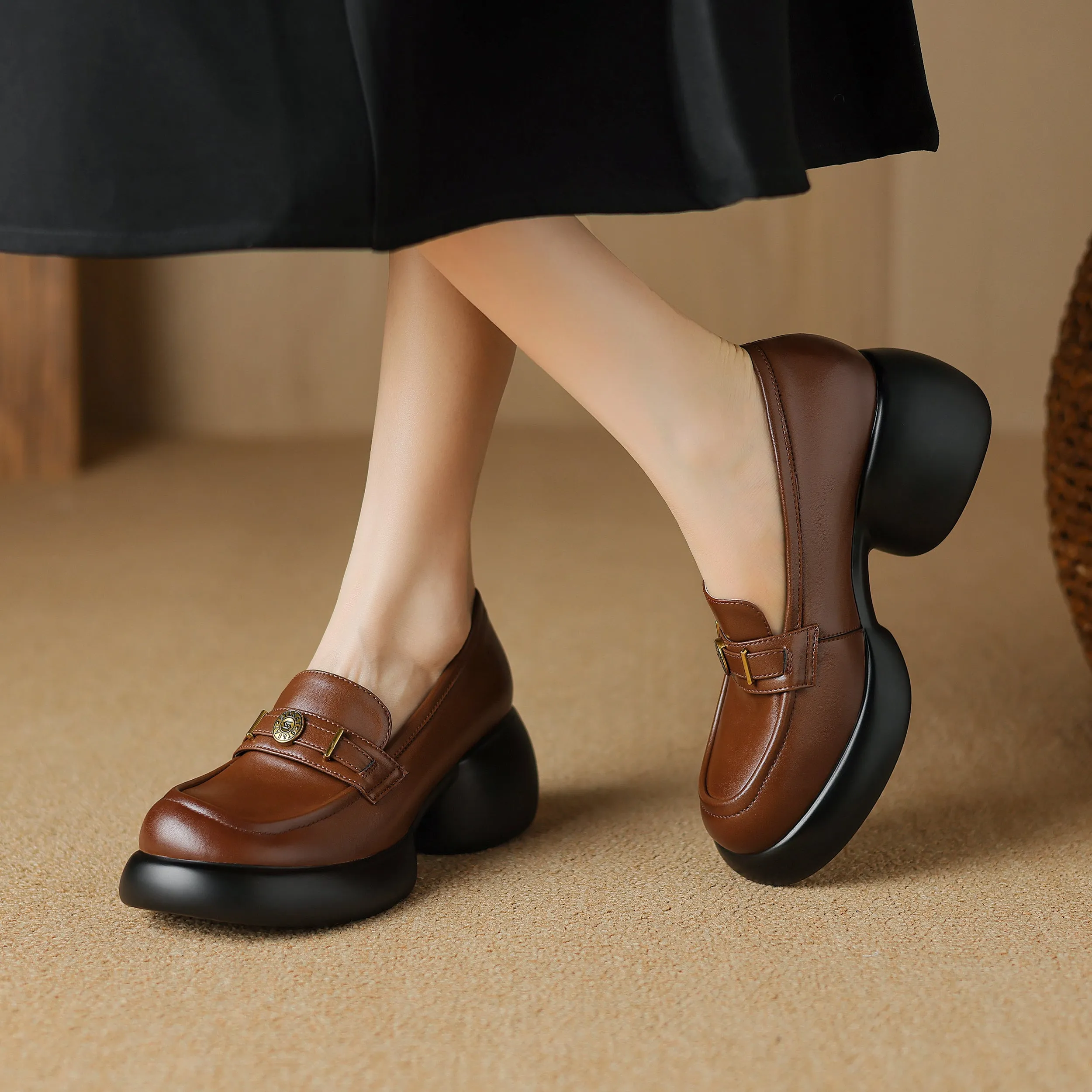 Women's Casual Leather Platform Slip on Chunky Penny Loafers