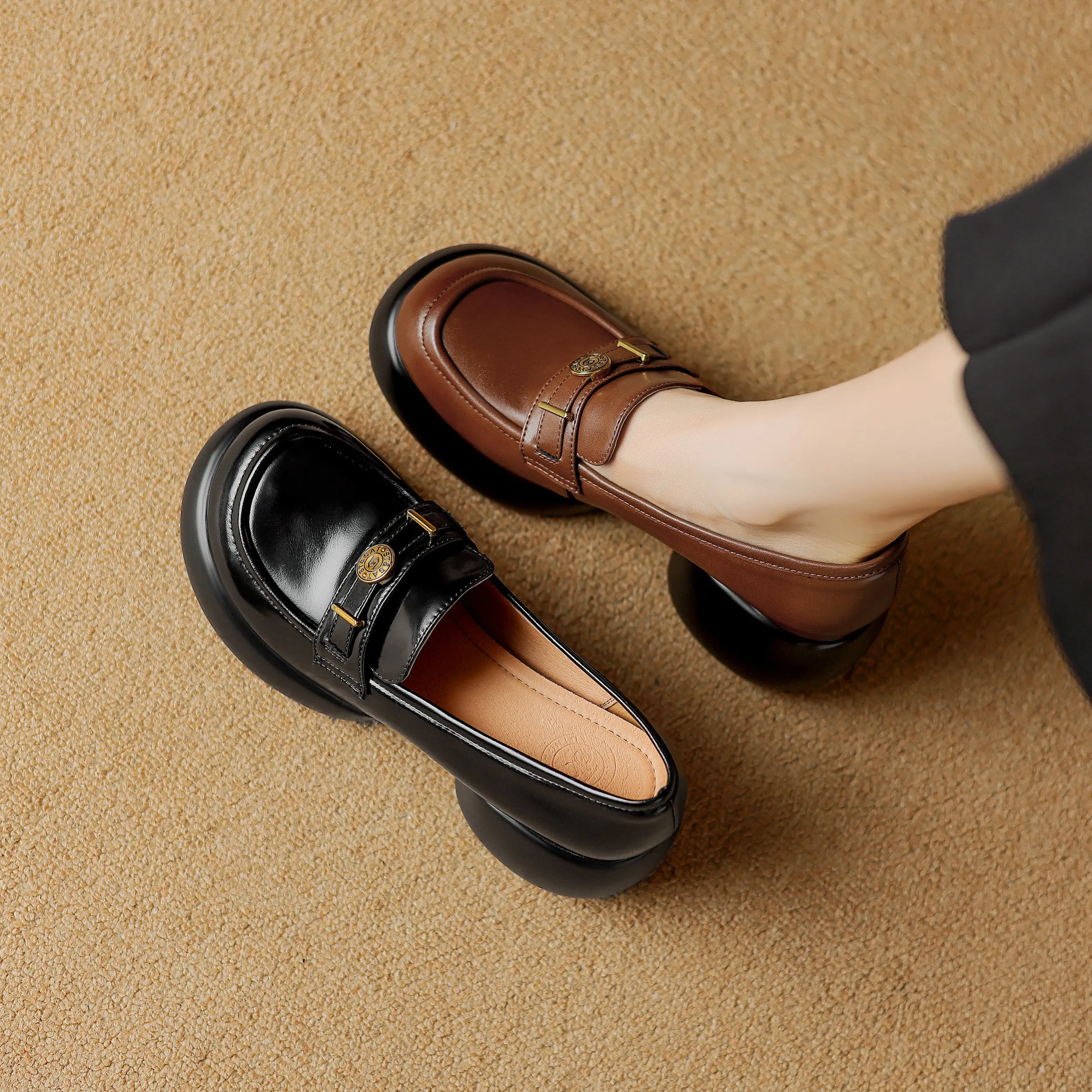 Women's Casual Leather Platform Slip on Chunky Penny Loafers