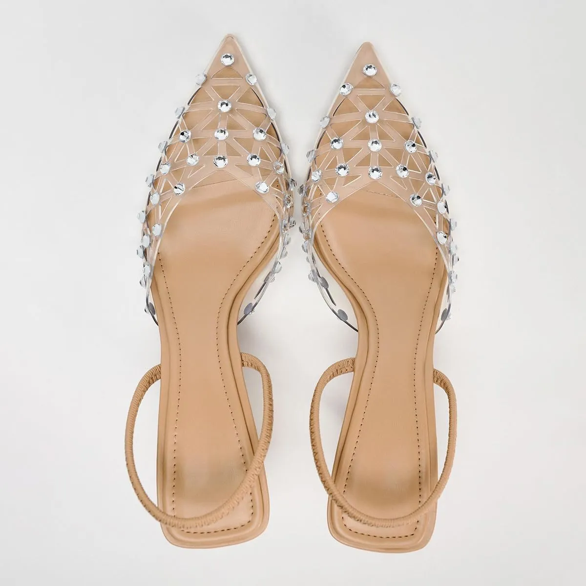 Women's Clear Slingback Heels with Pearl Studded Pointed Toe Stiletto High Heels Back Strap with Elastic Sparkly Rhinestone Slip On Wedding Party Pump Shoes