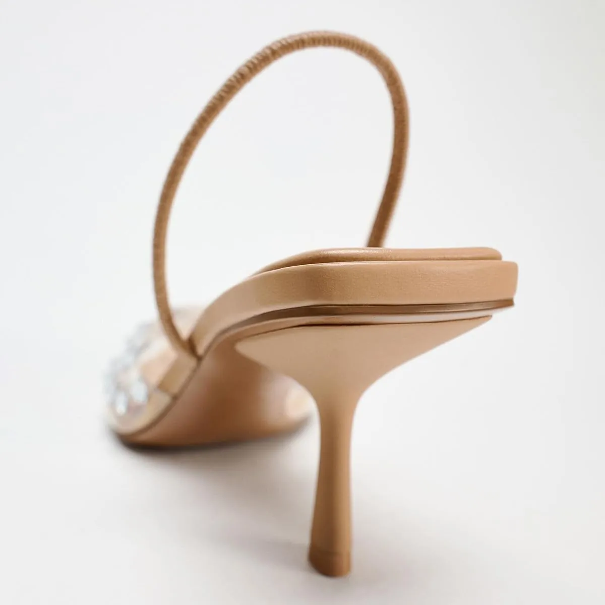 Women's Clear Slingback Heels with Pearl Studded Pointed Toe Stiletto High Heels Back Strap with Elastic Sparkly Rhinestone Slip On Wedding Party Pump Shoes