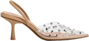 Women's Clear Slingback Heels with Pearl Studded Pointed Toe Stiletto High Heels Back Strap with Elastic Sparkly Rhinestone Slip On Wedding Party Pump Shoes