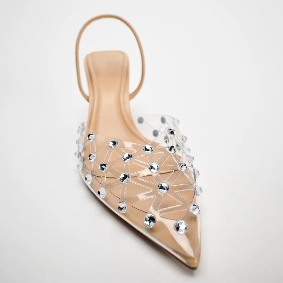 Women's Clear Slingback Heels with Pearl Studded Pointed Toe Stiletto High Heels Back Strap with Elastic Sparkly Rhinestone Slip On Wedding Party Pump Shoes
