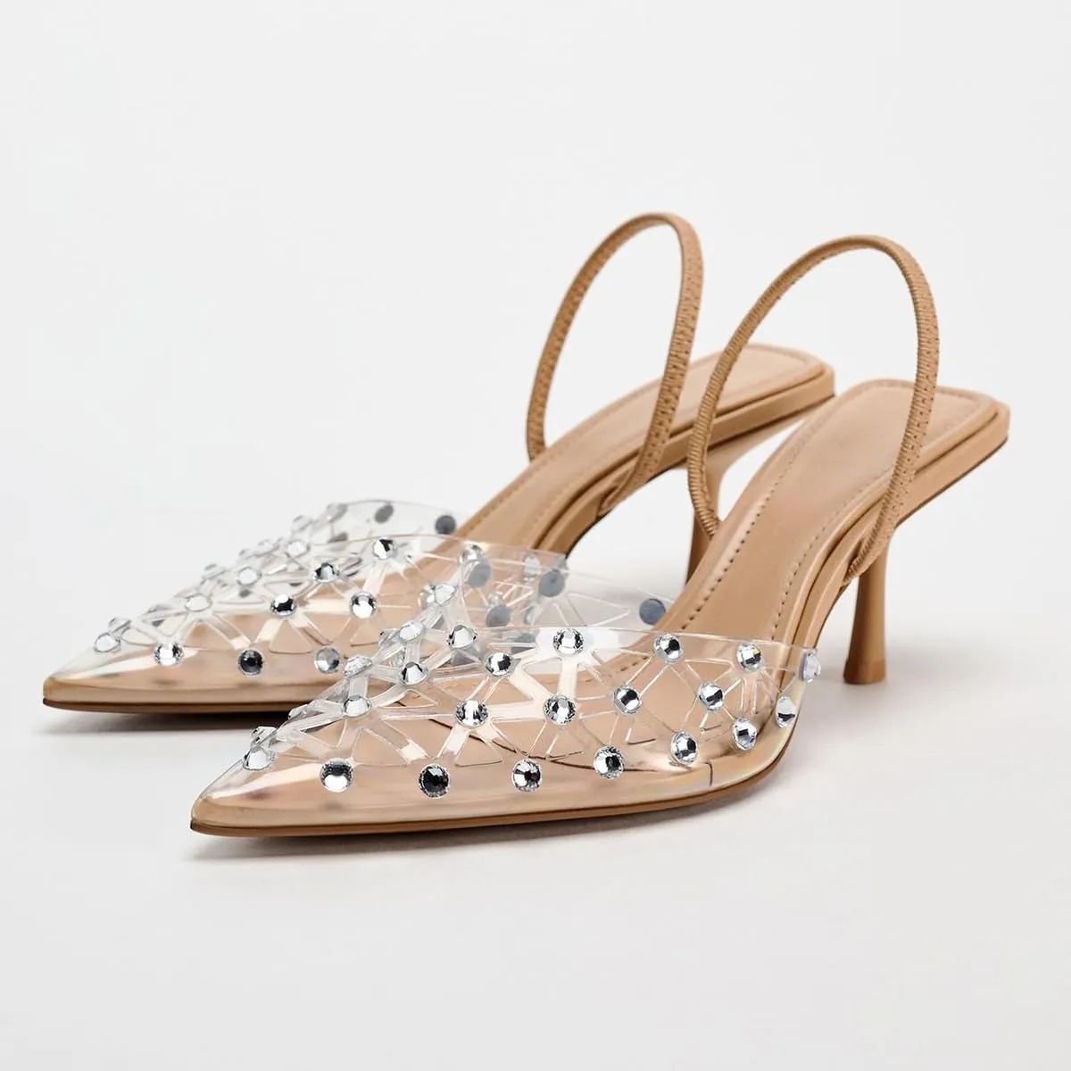 Women's Clear Slingback Heels with Pearl Studded Pointed Toe Stiletto High Heels Back Strap with Elastic Sparkly Rhinestone Slip On Wedding Party Pump Shoes