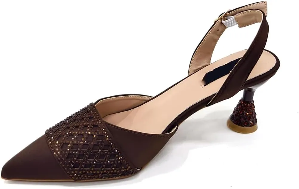 Women’S Fashion Brown Diamond Butterfly Pumps and Bag Set for Party Spike Heel Slingbacks
