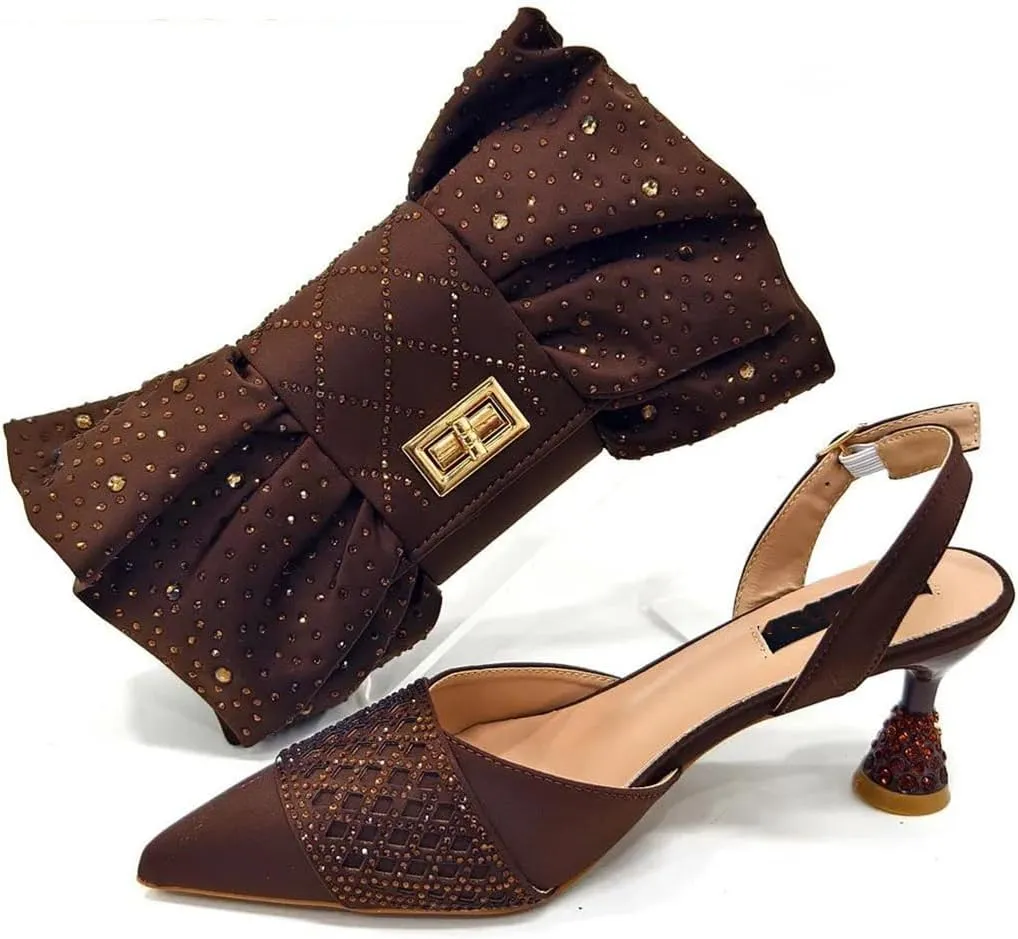 Women’S Fashion Brown Diamond Butterfly Pumps and Bag Set for Party Spike Heel Slingbacks