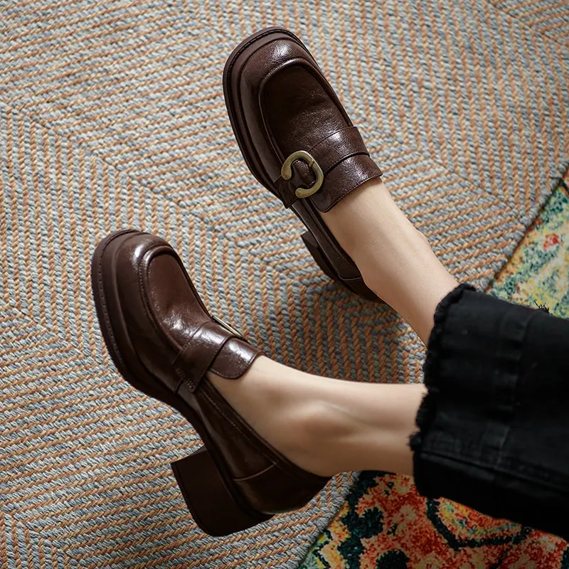 Womens Handmade Sheepskin Buckle Chunky Heeled Loafer Pumps