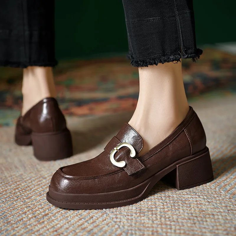 Womens Handmade Sheepskin Buckle Chunky Heeled Loafer Pumps