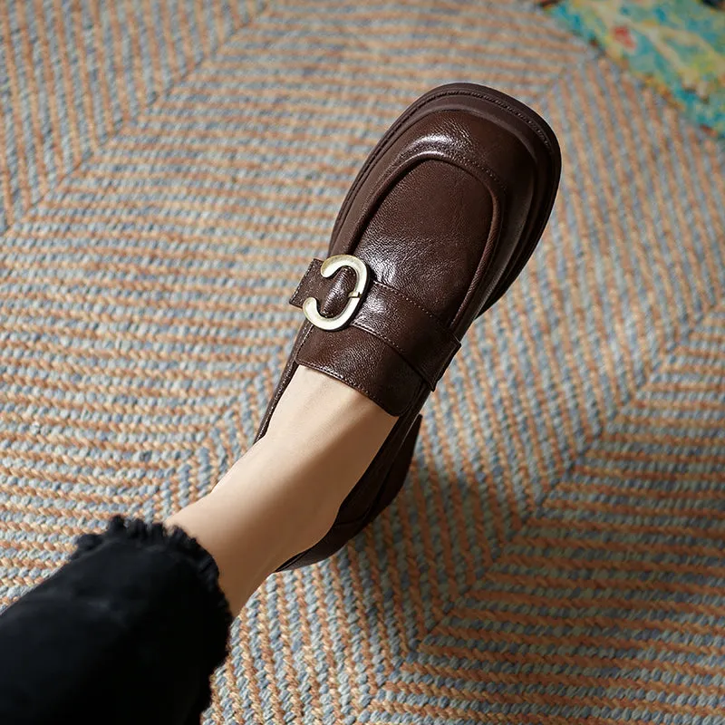 Womens Handmade Sheepskin Buckle Chunky Heeled Loafer Pumps