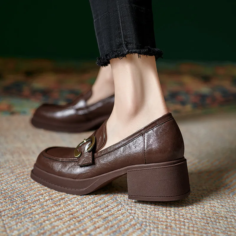 Womens Handmade Sheepskin Buckle Chunky Heeled Loafer Pumps