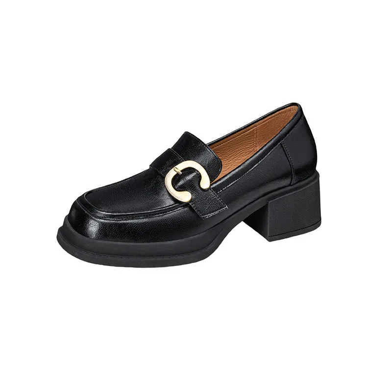 Womens Handmade Sheepskin Buckle Chunky Heeled Loafer Pumps