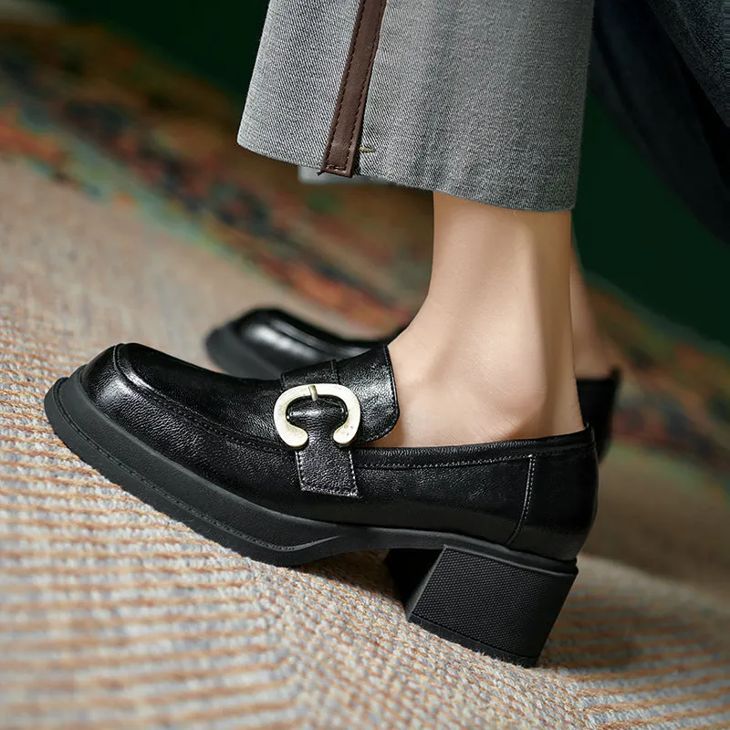 Womens Handmade Sheepskin Buckle Chunky Heeled Loafer Pumps