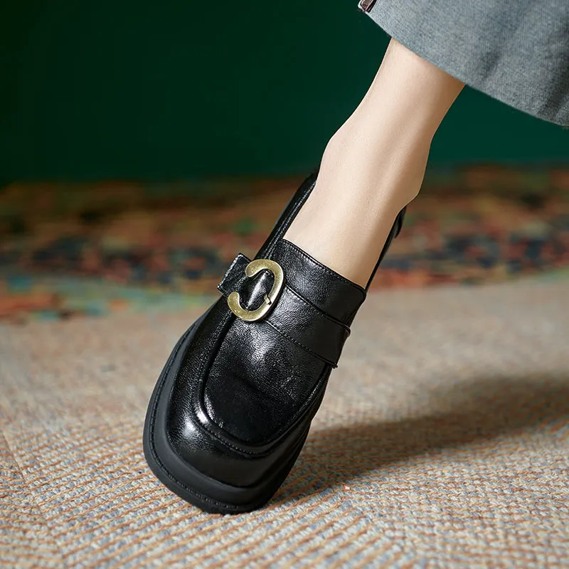 Womens Handmade Sheepskin Buckle Chunky Heeled Loafer Pumps