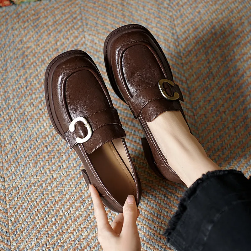 Womens Handmade Sheepskin Buckle Chunky Heeled Loafer Pumps