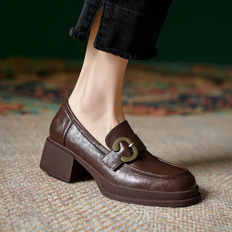 Womens Handmade Sheepskin Buckle Chunky Heeled Loafer Pumps