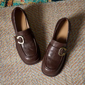 Womens Handmade Sheepskin Buckle Chunky Heeled Loafer Pumps