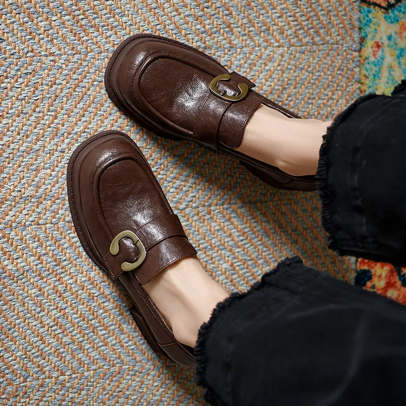 Womens Handmade Sheepskin Buckle Chunky Heeled Loafer Pumps