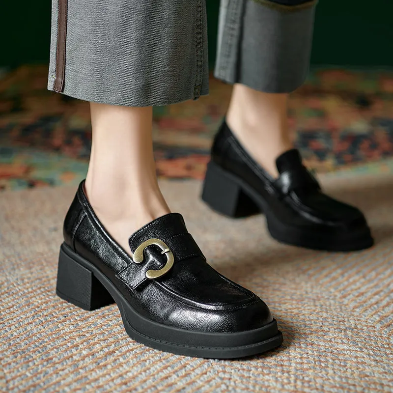 Womens Handmade Sheepskin Buckle Chunky Heeled Loafer Pumps