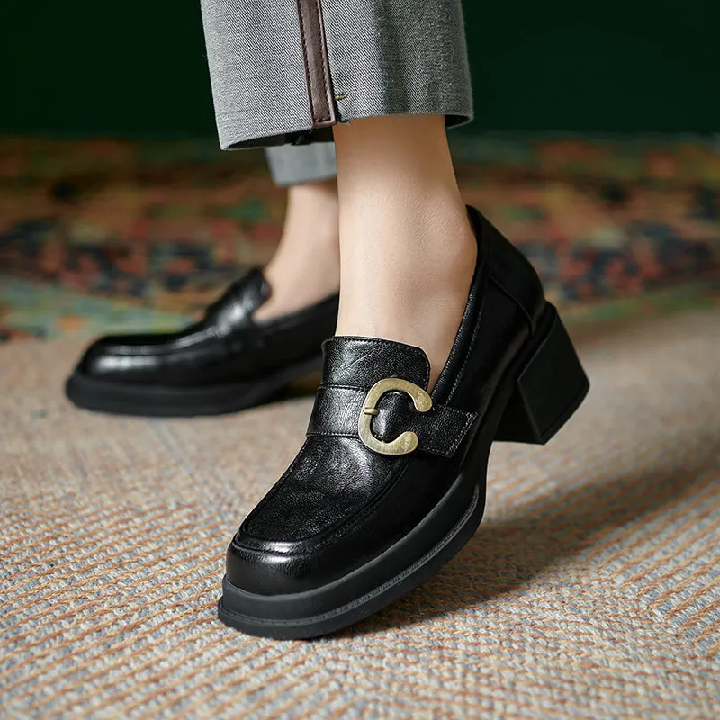 Womens Handmade Sheepskin Buckle Chunky Heeled Loafer Pumps