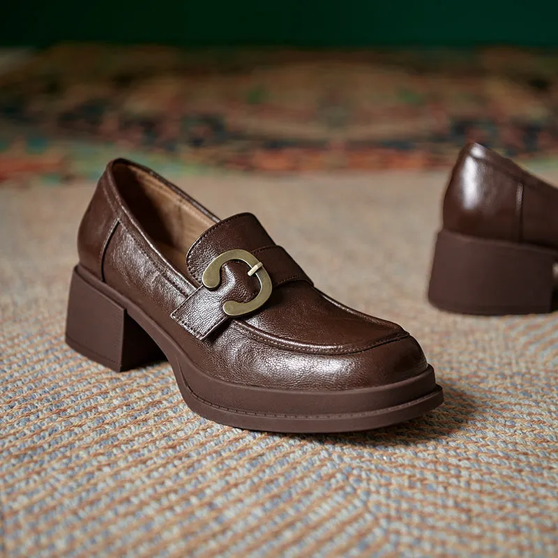 Womens Handmade Sheepskin Buckle Chunky Heeled Loafer Pumps