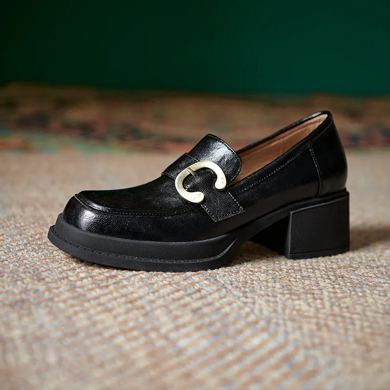 Womens Handmade Sheepskin Buckle Chunky Heeled Loafer Pumps
