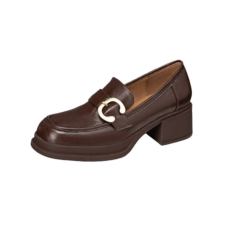 Womens Handmade Sheepskin Buckle Chunky Heeled Loafer Pumps