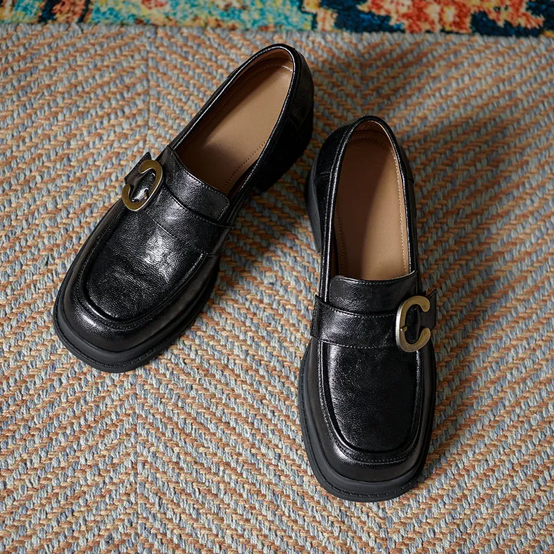 Womens Handmade Sheepskin Buckle Chunky Heeled Loafer Pumps
