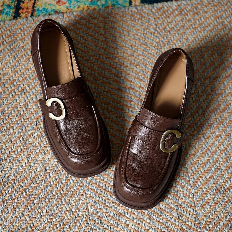 Womens Handmade Sheepskin Buckle Chunky Heeled Loafer Pumps