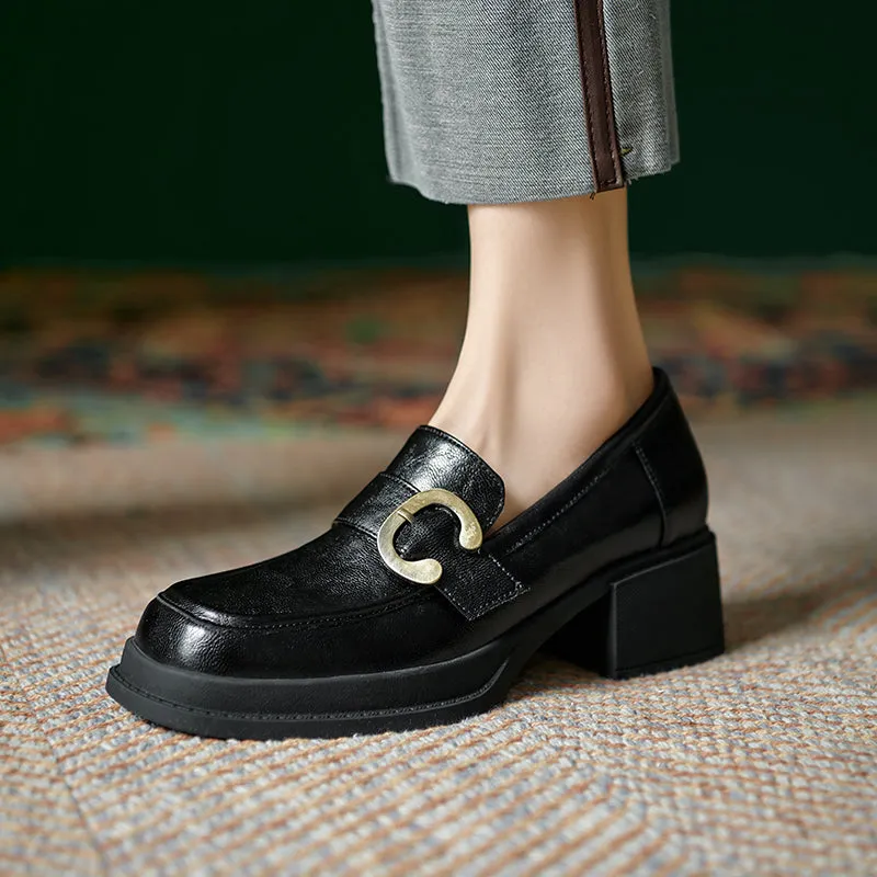 Womens Handmade Sheepskin Buckle Chunky Heeled Loafer Pumps