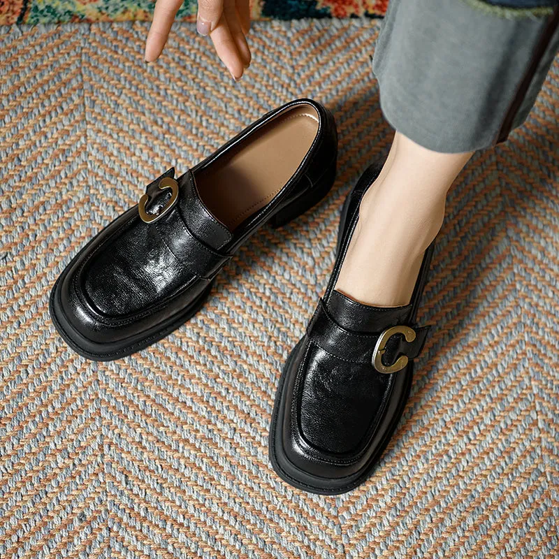 Womens Handmade Sheepskin Buckle Chunky Heeled Loafer Pumps
