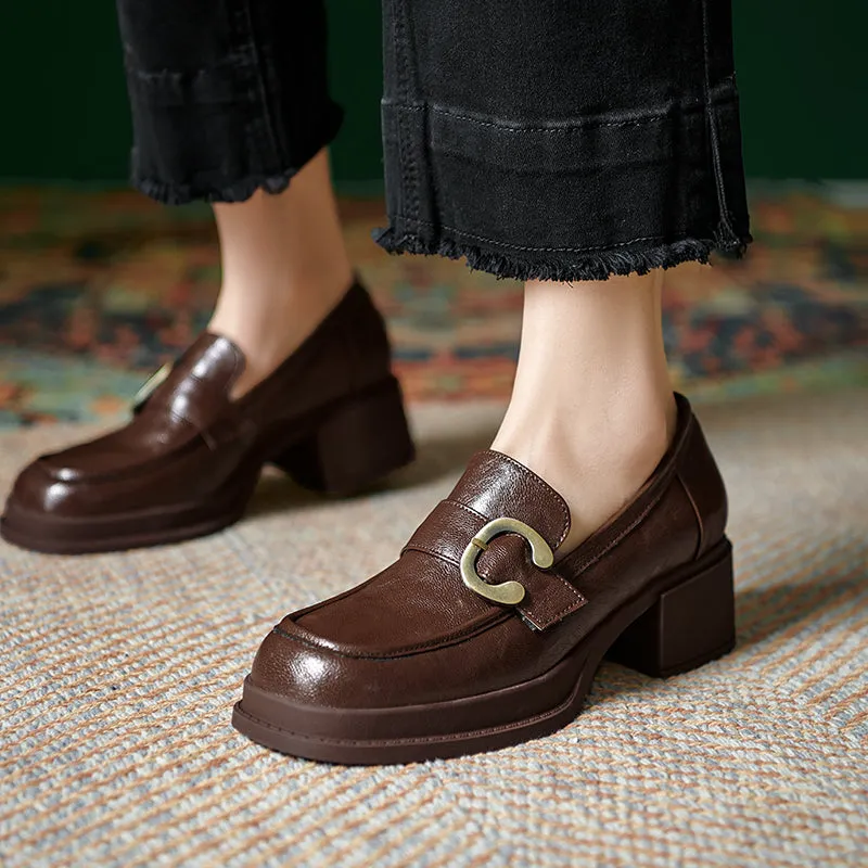 Womens Handmade Sheepskin Buckle Chunky Heeled Loafer Pumps