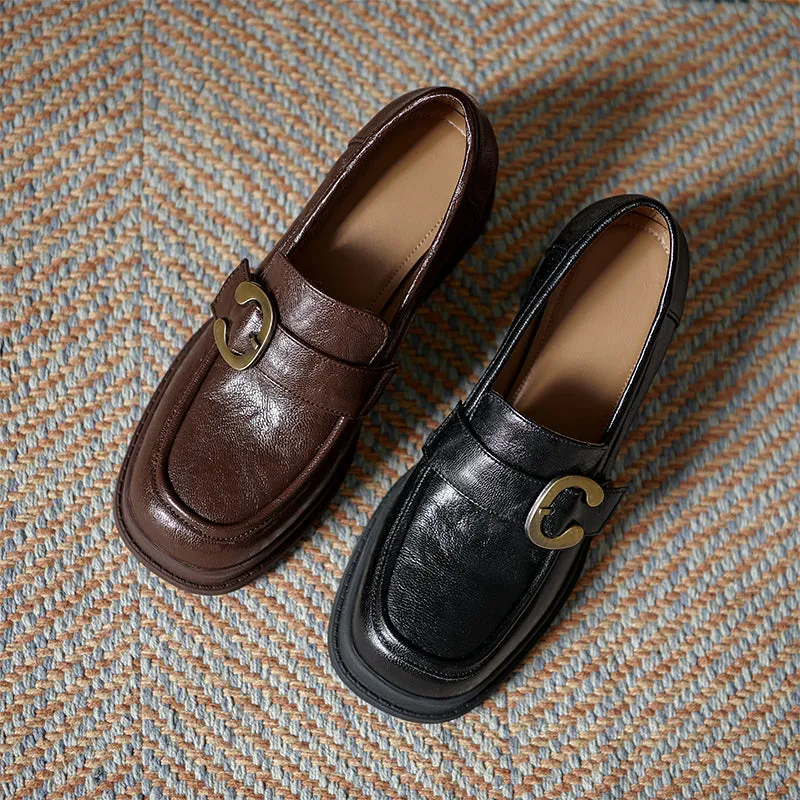Womens Handmade Sheepskin Buckle Chunky Heeled Loafer Pumps