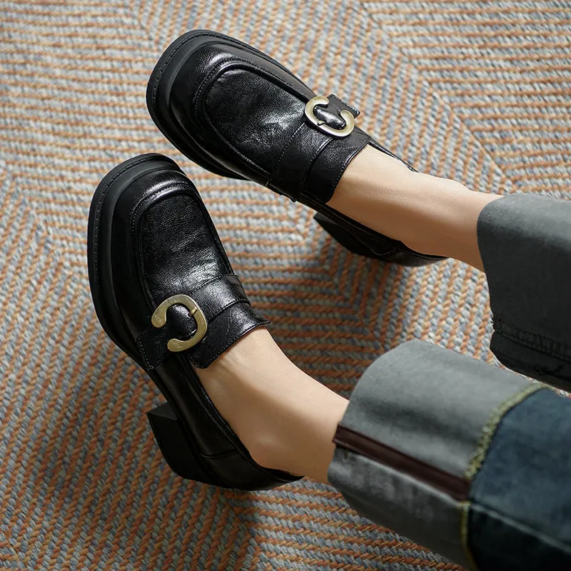 Womens Handmade Sheepskin Buckle Chunky Heeled Loafer Pumps