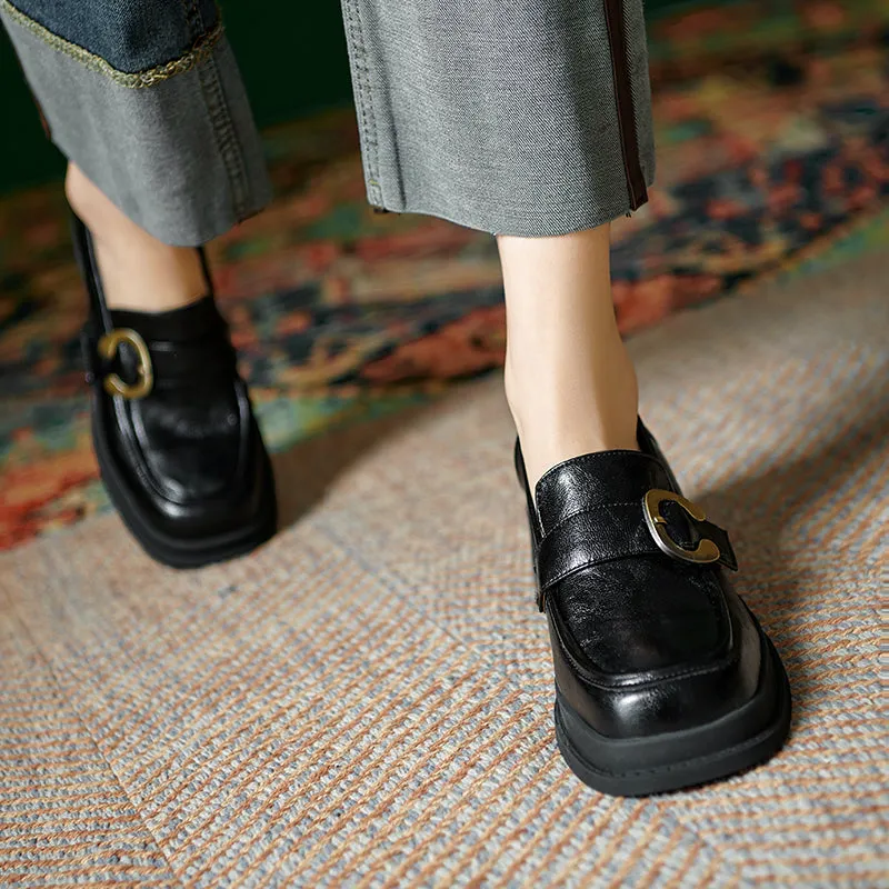 Womens Handmade Sheepskin Buckle Chunky Heeled Loafer Pumps