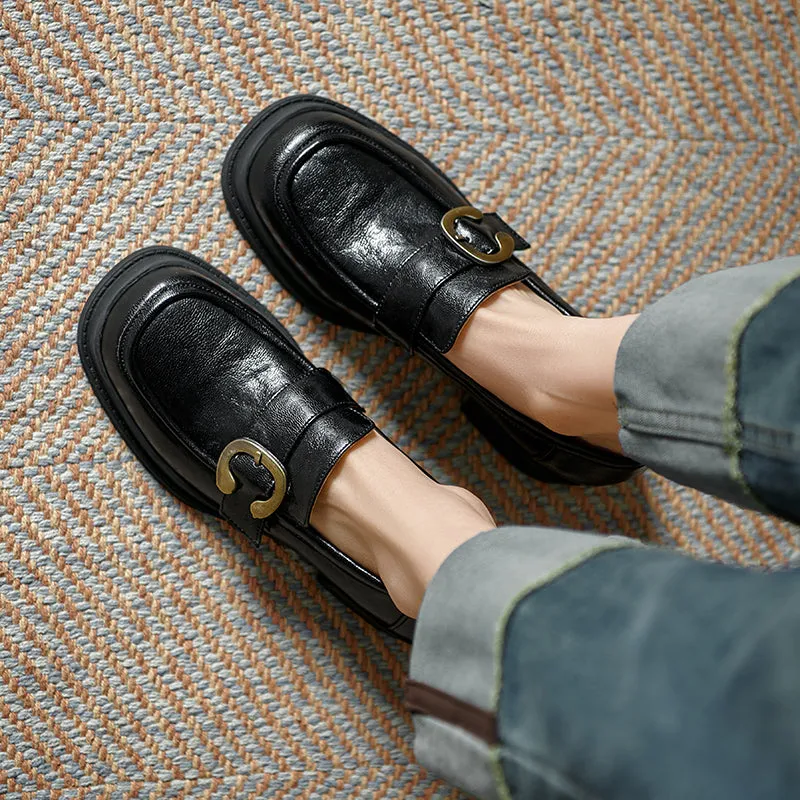 Womens Handmade Sheepskin Buckle Chunky Heeled Loafer Pumps