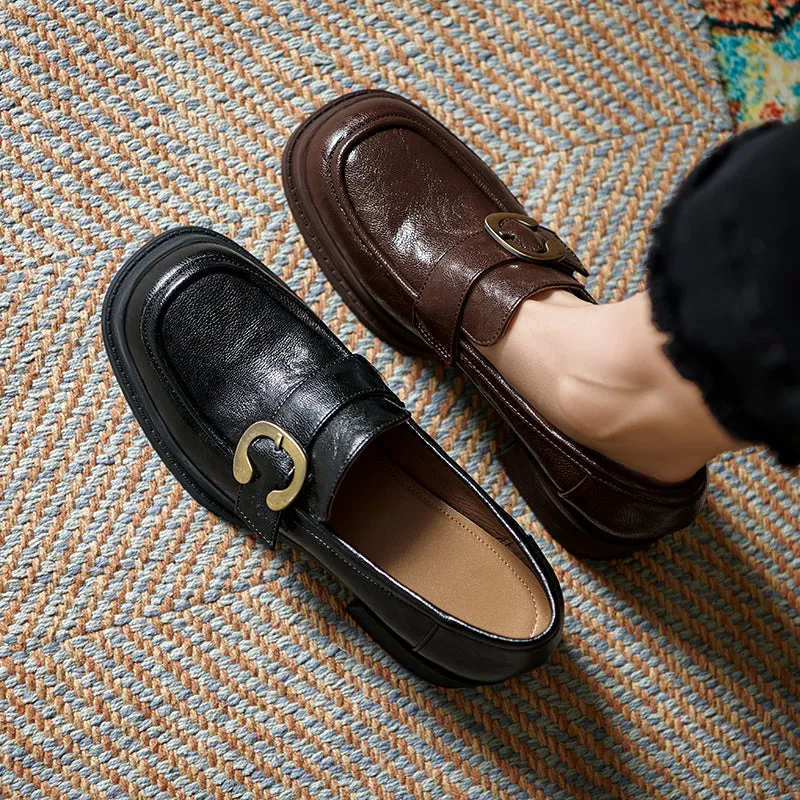 Womens Handmade Sheepskin Buckle Chunky Heeled Loafer Pumps