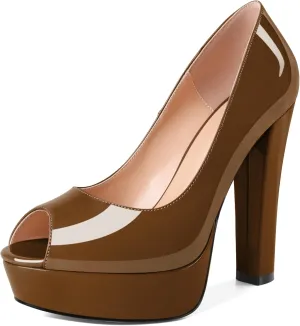 Women's High Heel Pumps Peep Toe Pump for Women Platform High Heels Chunky Block Heeled Shoes Sexy Dance Pumps 5.5 Inch Heel