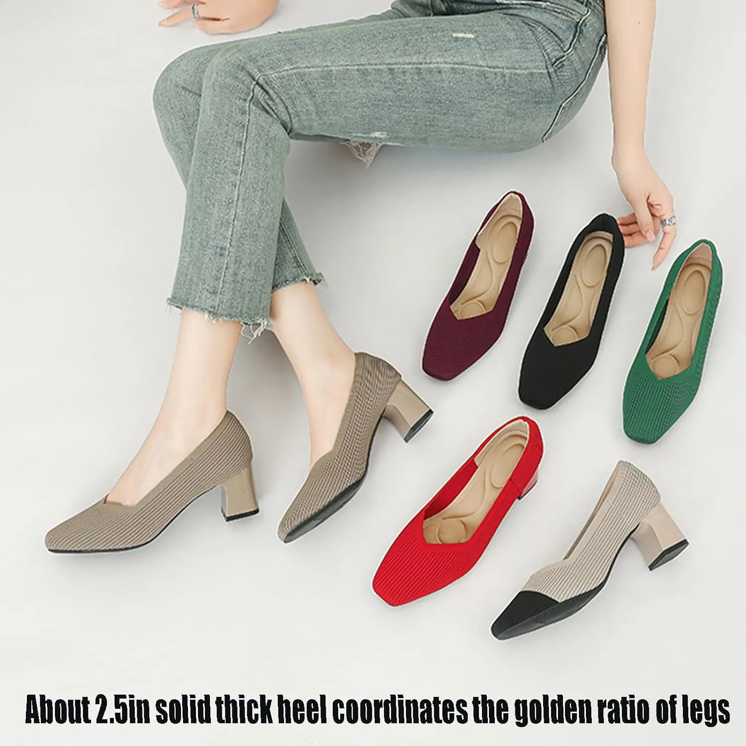 Women's Knit Square Toe Chunky Heel Dress Pump Mesh Breathable Slip On Mid Block Heel Formal Business Office Shoes Daily Non-Slip Soft Casual Shoes