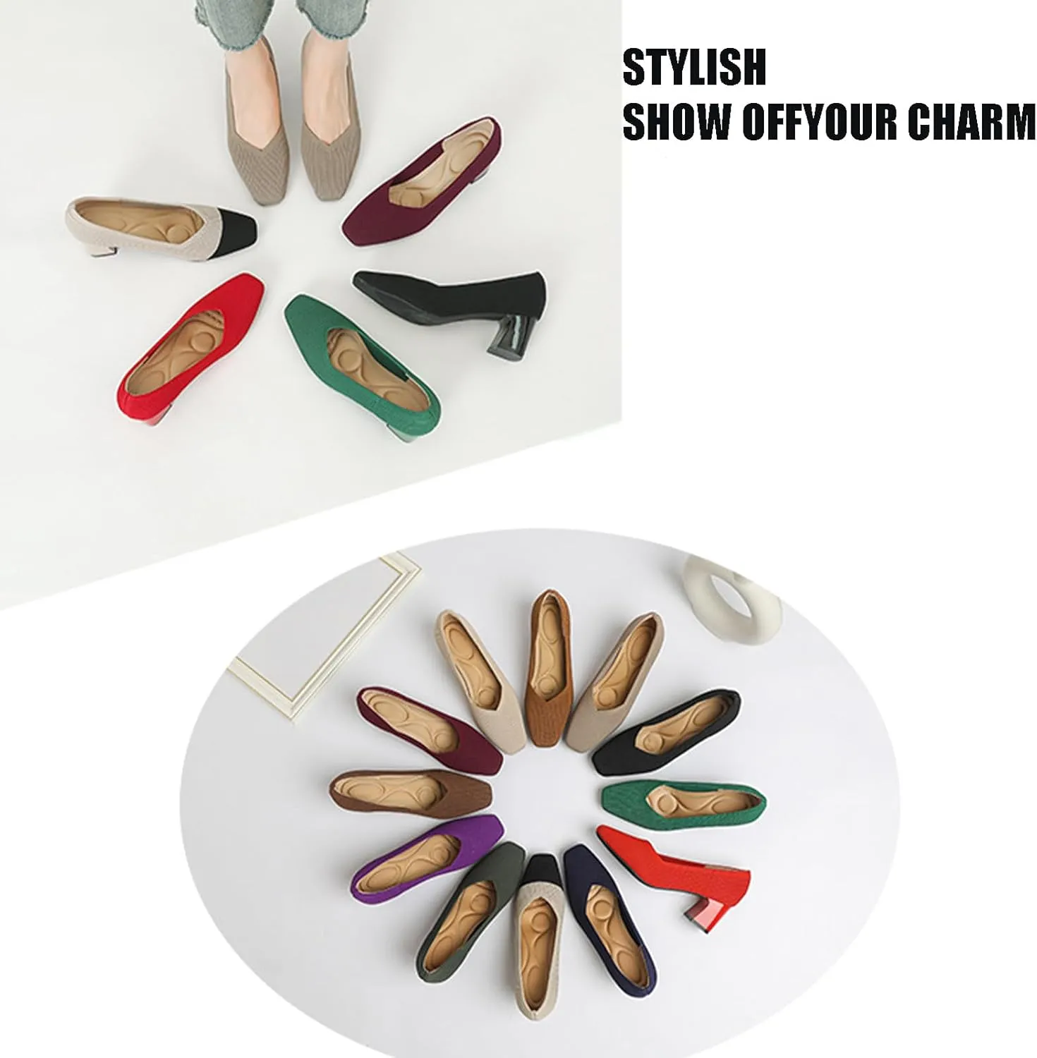 Women's Knit Square Toe Chunky Heel Dress Pump Mesh Breathable Slip On Mid Block Heel Formal Business Office Shoes Daily Non-Slip Soft Casual Shoes