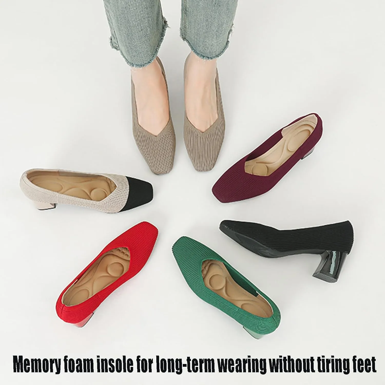 Women's Knit Square Toe Chunky Heel Dress Pump Mesh Breathable Slip On Mid Block Heel Formal Business Office Shoes Daily Non-Slip Soft Casual Shoes
