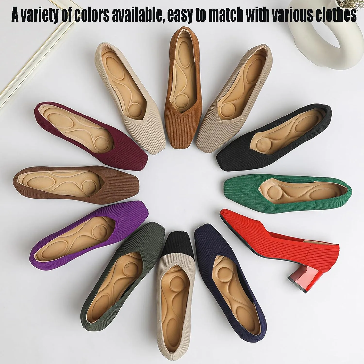 Women's Knit Square Toe Chunky Heel Dress Pump Mesh Breathable Slip On Mid Block Heel Formal Business Office Shoes Daily Non-Slip Soft Casual Shoes