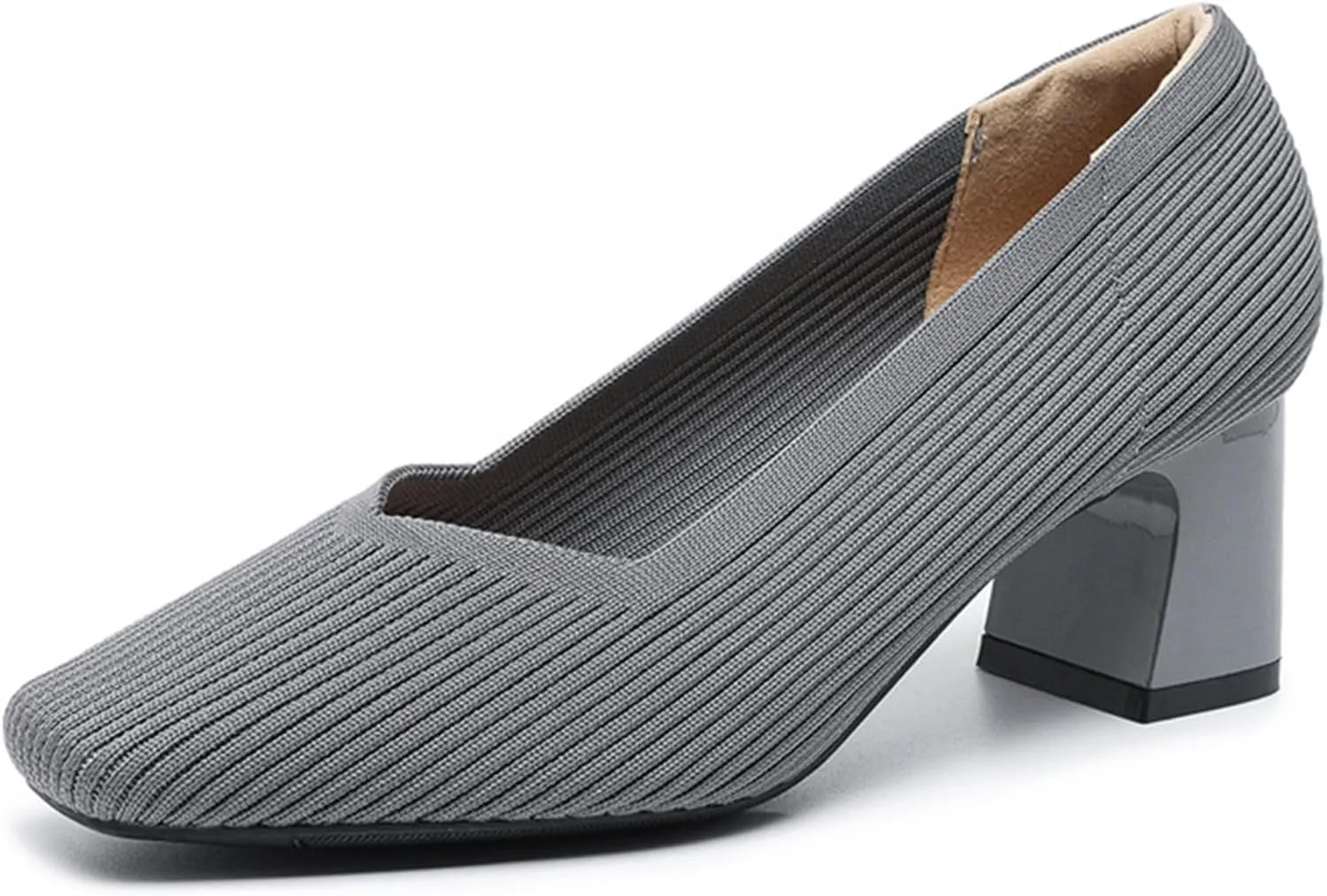 Women's Knit Square Toe Chunky Heel Dress Pump Mesh Breathable Slip On Mid Block Heel Formal Business Office Shoes Daily Non-Slip Soft Casual Shoes