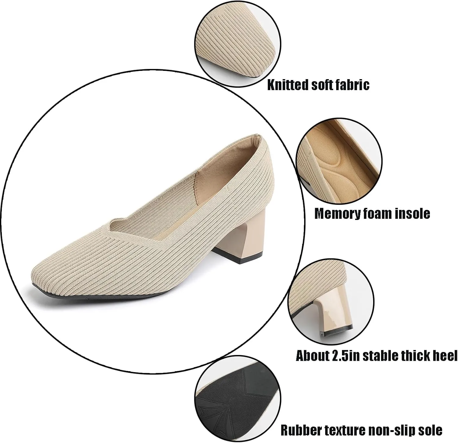 Women's Knit Square Toe Chunky Heel Dress Pump Mesh Breathable Slip On Mid Block Heel Formal Business Office Shoes Daily Non-Slip Soft Casual Shoes