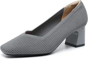 Women's Knit Square Toe Chunky Heel Dress Pump Mesh Breathable Slip On Mid Block Heel Formal Business Office Shoes Daily Non-Slip Soft Casual Shoes
