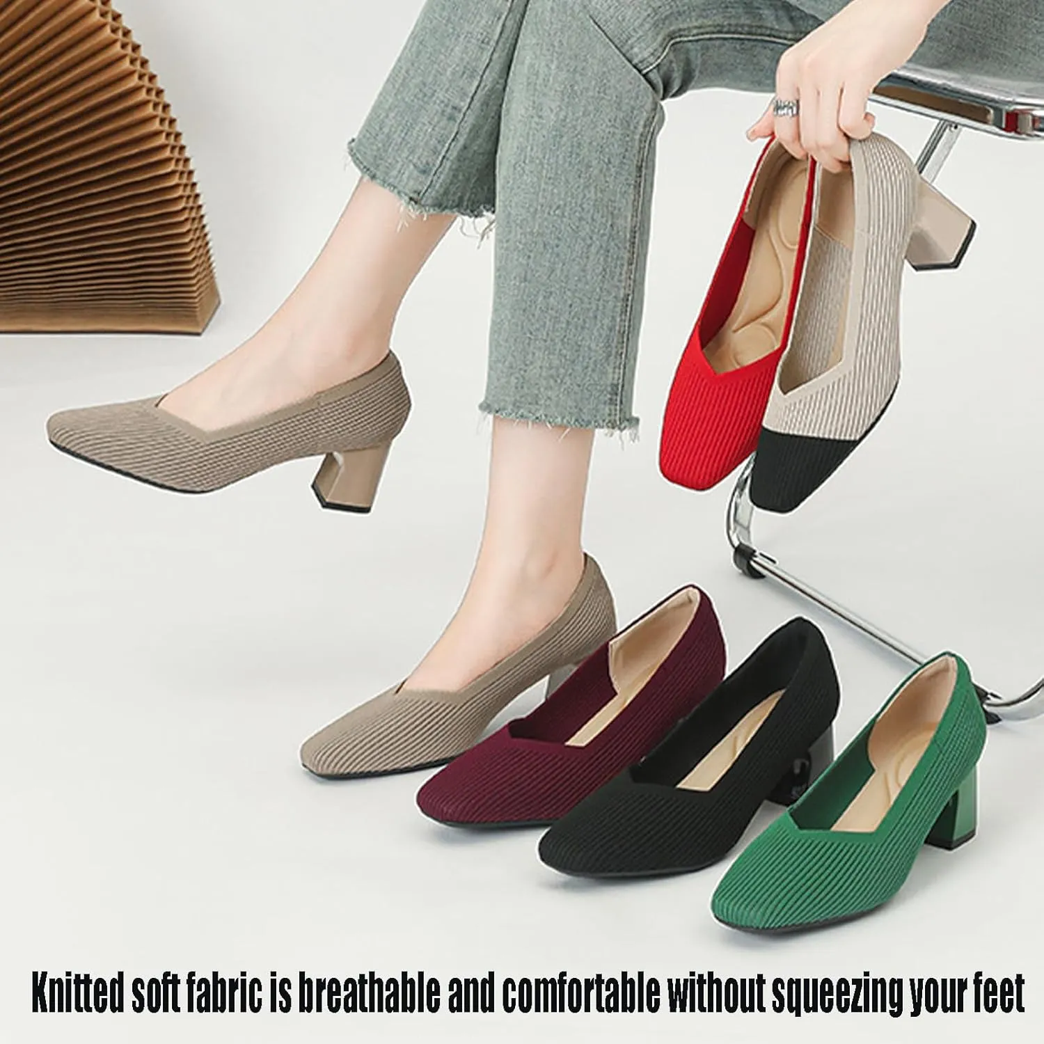 Women's Knit Square Toe Chunky Heel Dress Pump Mesh Breathable Slip On Mid Block Heel Formal Business Office Shoes Daily Non-Slip Soft Casual Shoes