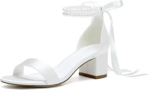 Women's Low Block Chunky Heels Sandals Open Toe Pearls Wedding Heels for Bride Heeled Party Dress Pump Shoes