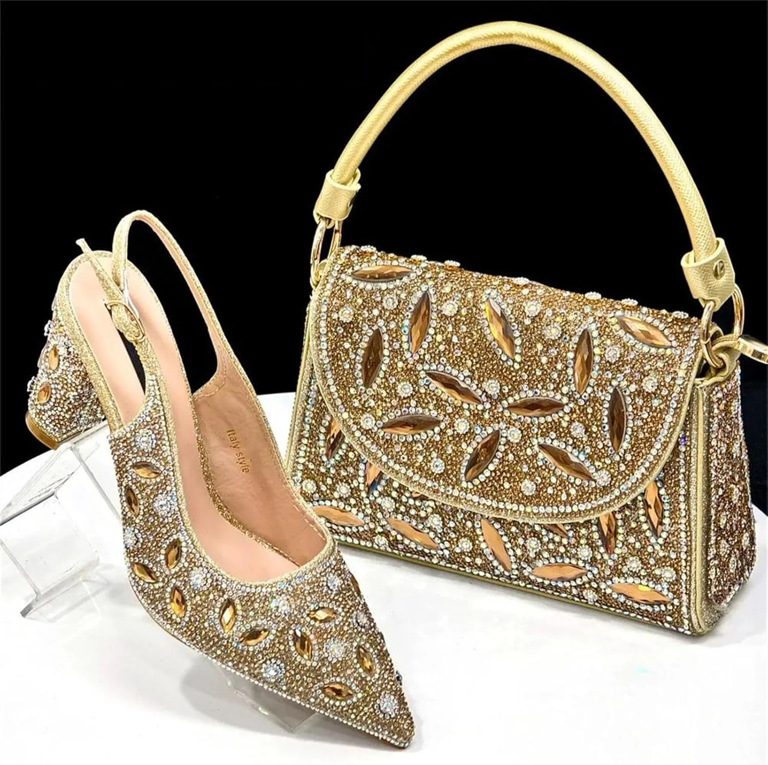 Womens Nigerian Pointed Toe Wedding Shoes Set Rhinestone Bridal Pumps and Matching Evening Bag Party Accessories