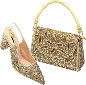 Womens Nigerian Pointed Toe Wedding Shoes Set Rhinestone Bridal Pumps and Matching Evening Bag Party Accessories