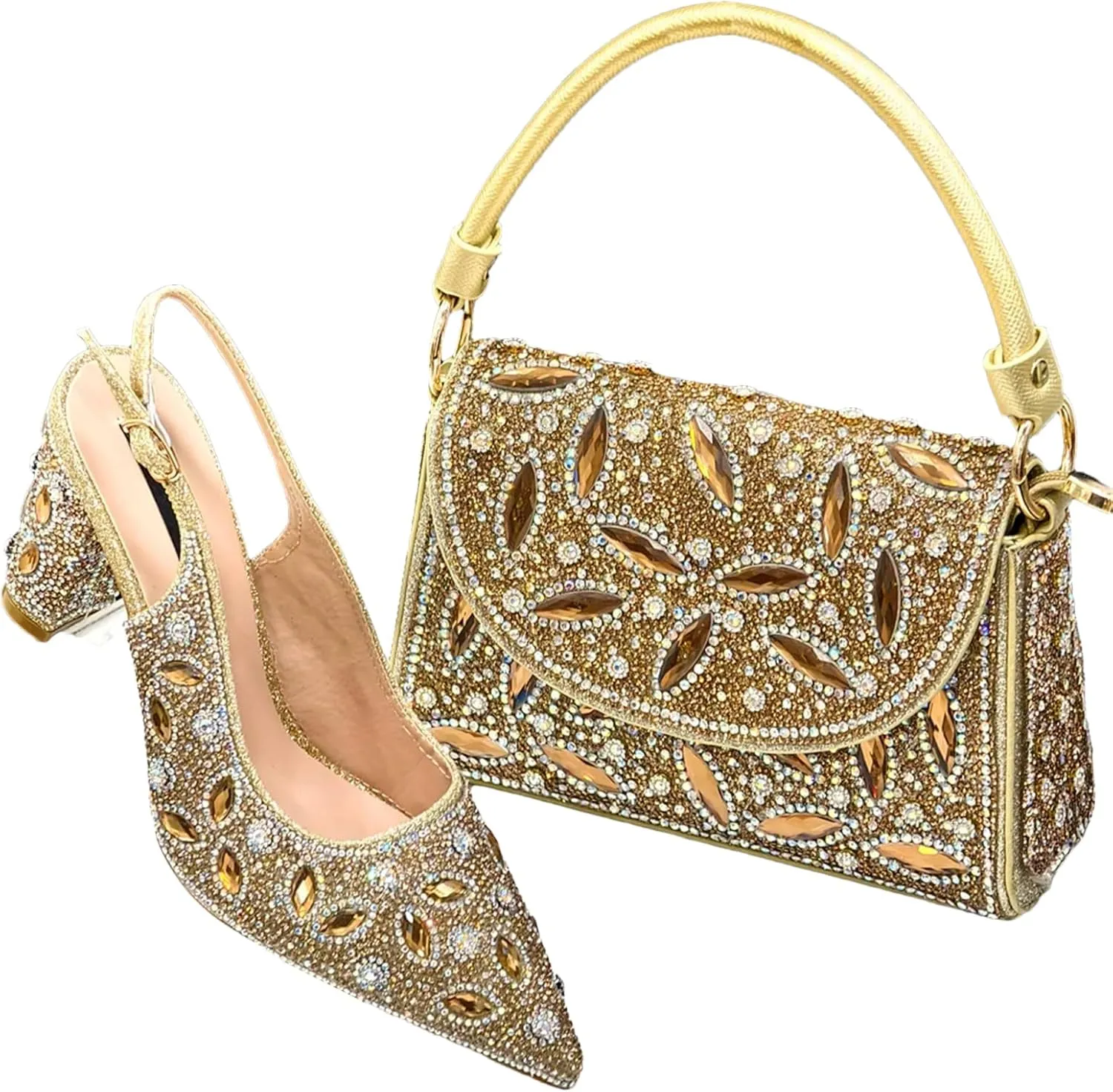 Womens Nigerian Pointed Toe Wedding Shoes Set Rhinestone Bridal Pumps and Matching Evening Bag Party Accessories