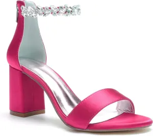 Women's Open Toe Chunky Block High Heel Crystal Wedding Shoes Evening Prom Dance Party Ankle Strap Dress Pump Shoes Sandals