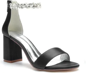 Women's Open Toe Chunky Block High Heel Crystal Wedding Shoes Evening Prom Dance Party Ankle Strap Dress Pump Shoes Sandals